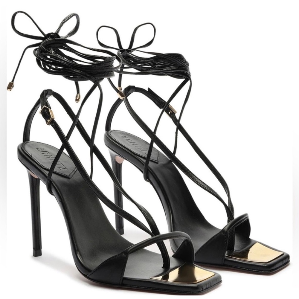 SCHUTZ Vikki Black Leather Ankle Tie Heel Sandals